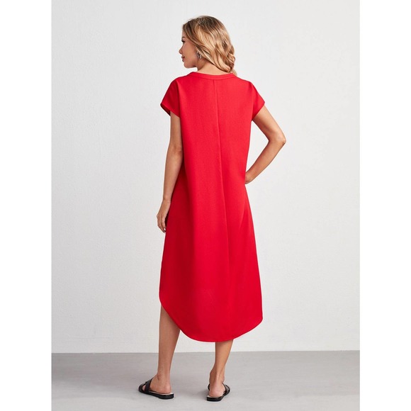 short sleeve Hi low Notched v neck Dip Hem midi Dress red - Picture 2 of 8